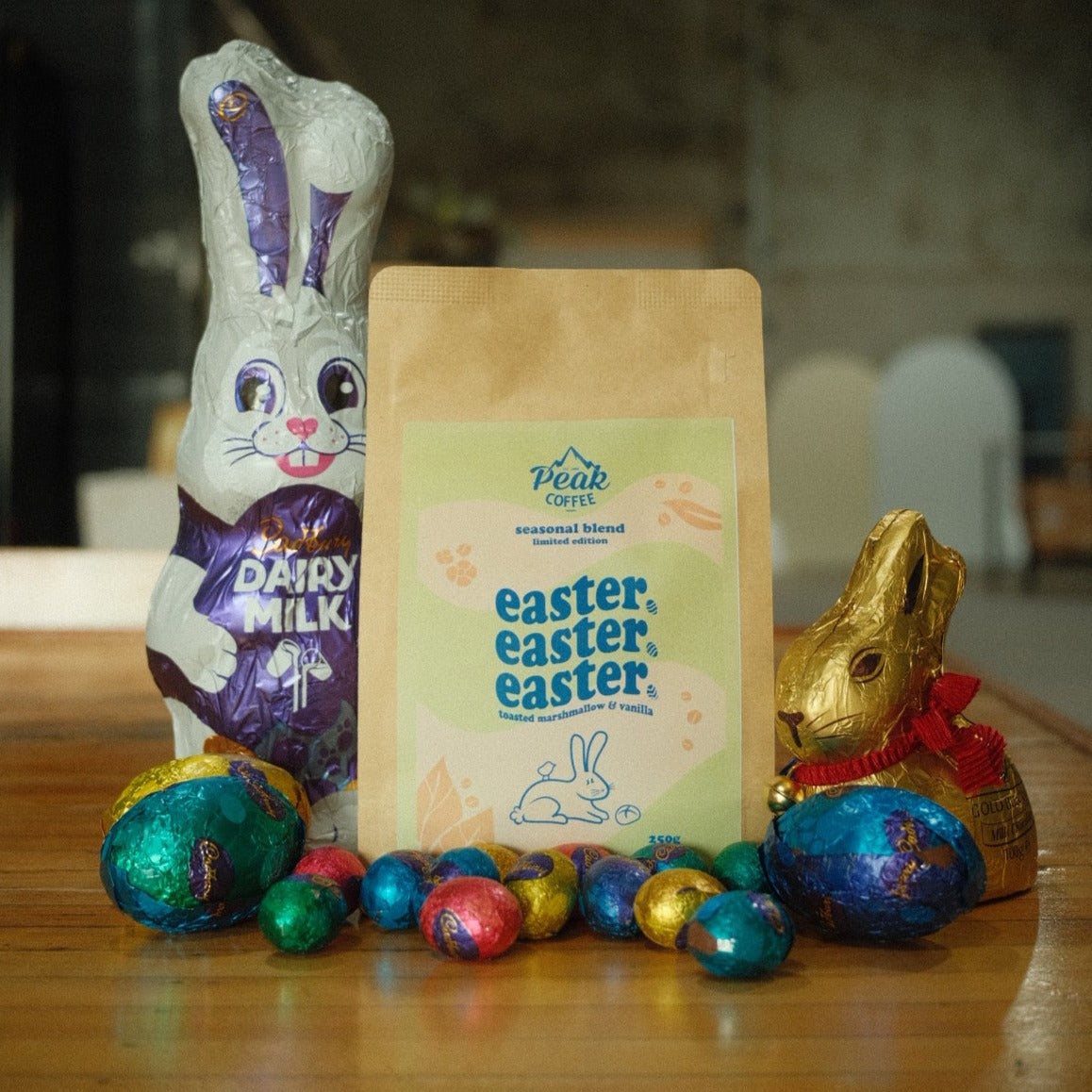 Peak Coffee easter blend, Surrounded by chocolates